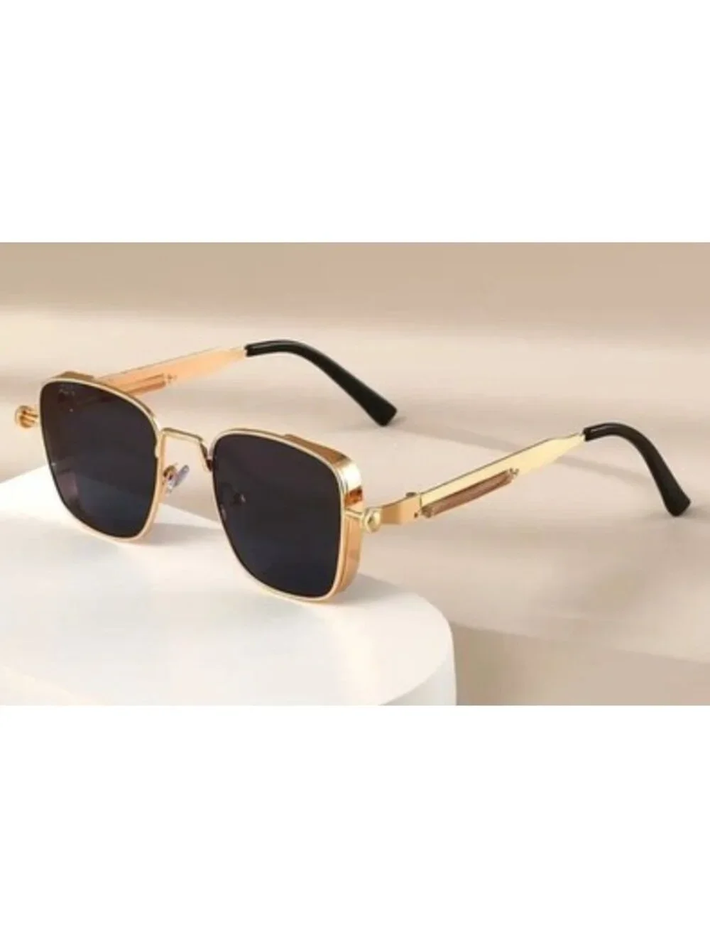 Retro Unisex Square Gold Metal Frame Sunglasses With Black Lenses Spring Hinges